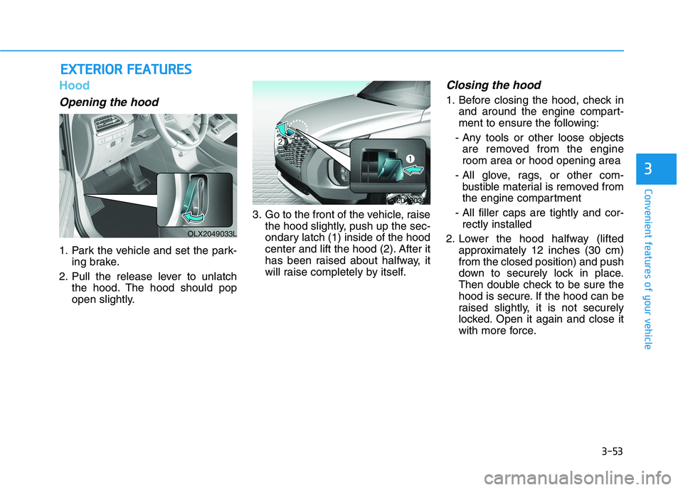 HYUNDAI PALISADE 2021  Owners Manual 3-53
Convenient features of your vehicle
3
Hood
Opening the hood 
1. Park the vehicle and set the park-
ing brake.
2. Pull the release lever to unlatch
the hood. The hood should pop
open slightly.3. G