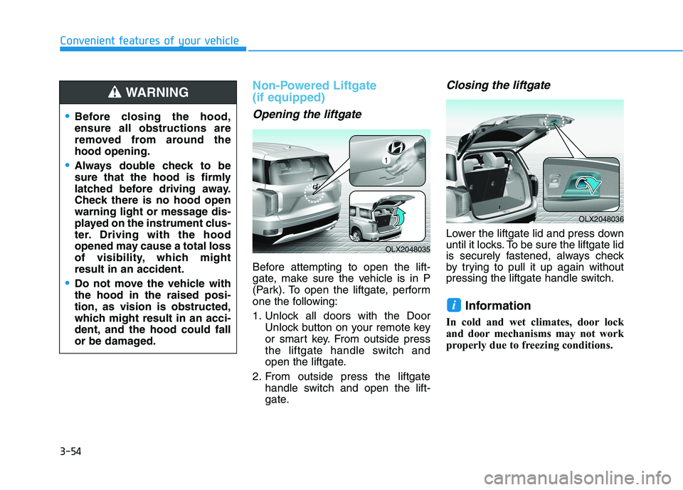 HYUNDAI PALISADE 2021  Owners Manual 3-54
Convenient features of your vehicle
Non-Powered Liftgate 
(if equipped)
Opening the liftgate
Before attempting to open the lift-
gate, make sure the vehicle is in P
(Park). To open the liftgate, 