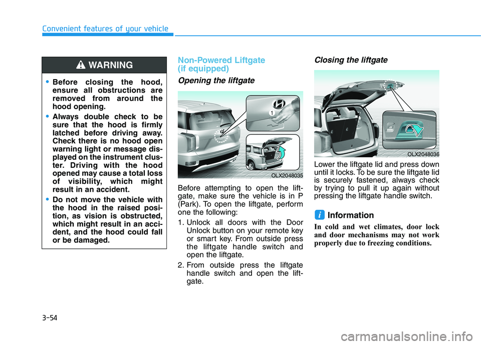 HYUNDAI PALISADE 2021  Owners Manual 3-54
Convenient features of your vehicle
Non-Powered Liftgate 
(if equipped)
Opening the liftgate
Before attempting to open the lift-
gate, make sure the vehicle is in P
(Park). To open the liftgate, 