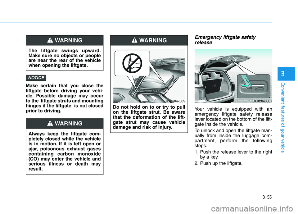 HYUNDAI PALISADE 2021  Owners Manual 3-55
Convenient features of your vehicle
3
Make certain that you close the
liftgate before driving your vehi-
cle. Possible damage may occur
to the  liftgate struts and mounting
hinges if the liftgate