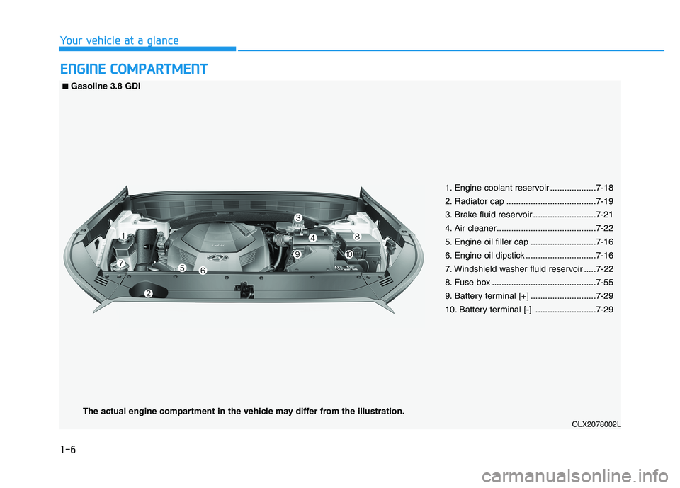 HYUNDAI PALISADE 2021  Owners Manual 1-6
Your vehicle at a glance
E EN
NG
GI
IN
NE
E 
 C
CO
OM
MP
PA
AR
RT
TM
ME
EN
NT
T
1. Engine coolant reservoir ...................7-18
2. Radiator cap .....................................7-19 
3. Br