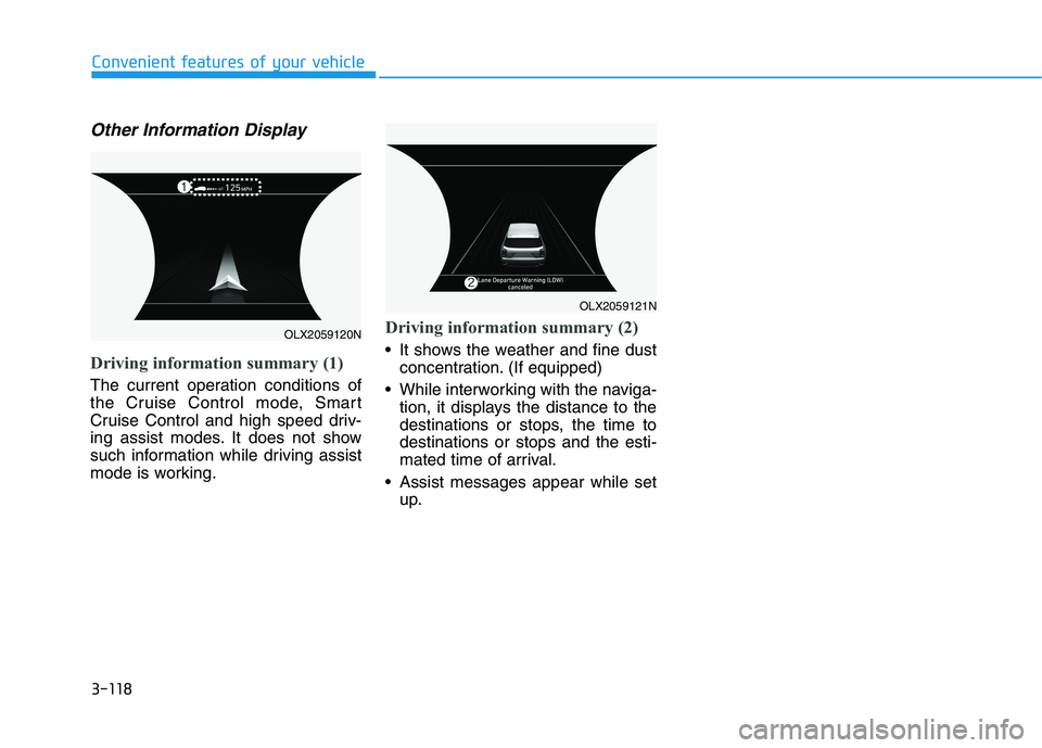 HYUNDAI PALISADE 2021  Owners Manual 3-118
Convenient features of your vehicle
Other Information Display
Driving information summary (1)
The current operation conditions of
the Cruise Control mode, Smart
Cruise Control and high speed dri