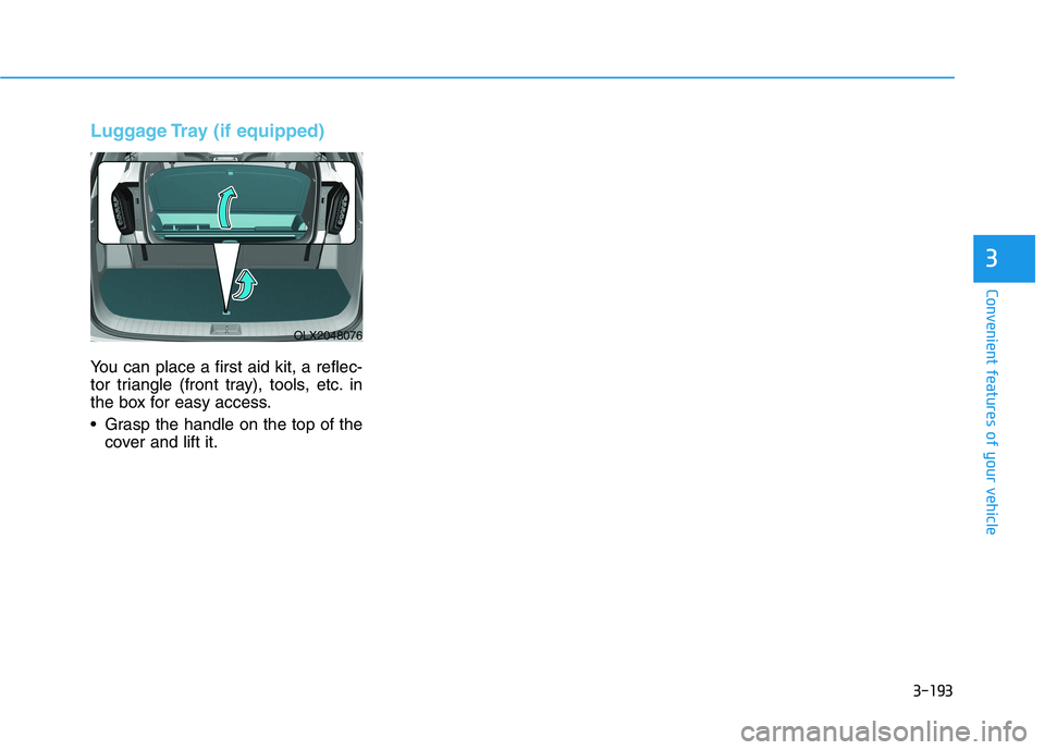 HYUNDAI PALISADE 2021 Owners Manual 3-193
Convenient features of your vehicle
3
Luggage Tray (if equipped)
You can place a first aid kit, a reflec-
tor triangle (front tray), tools, etc. in
the box for easy access.
Grasp the handle on HYUNDAI PALISADE 2021 Owners Manual 3-193
Convenient features of your vehicle
3
Luggage Tray (if equipped)
You can place a first aid kit, a reflec-
tor triangle (front tray), tools, etc. in
the box for easy access.
Grasp the handle on