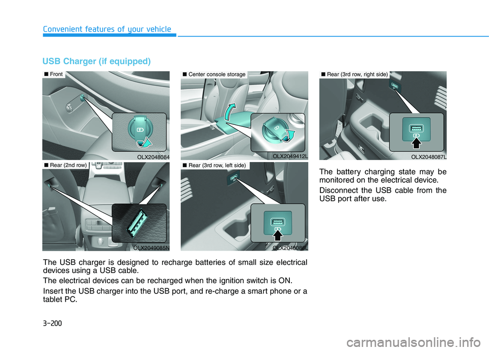 HYUNDAI PALISADE 2021  Owners Manual 3-200
Convenient features of your vehicle
USB Charger (if equipped)
The battery charging state may be
monitored on the electrical device.
Disconnect the USB cable from the
USB port after use.
OLX20480