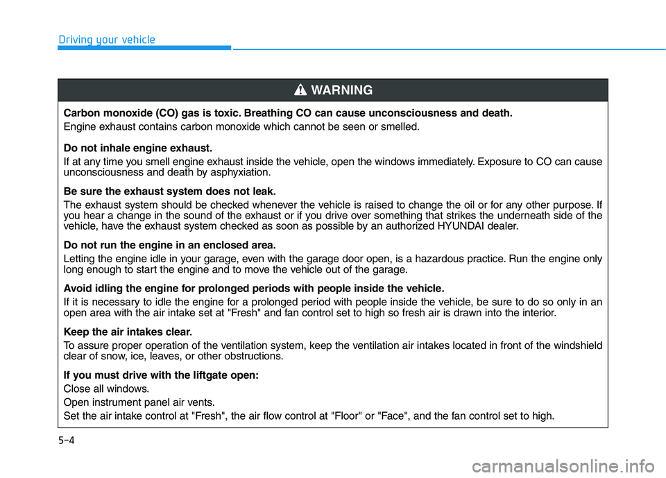HYUNDAI PALISADE 2021  Owners Manual 5-4
Driving your vehicle
Carbon monoxide (CO) gas is toxic. Breathing CO can cause unconsciousness and death.
Engine exhaust contains carbon monoxide which cannot be seen or smelled.
Do not inhale eng