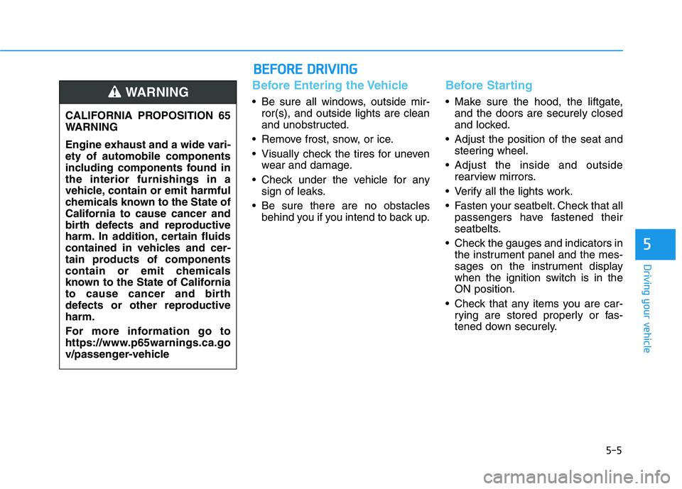HYUNDAI PALISADE 2021  Owners Manual 5-5
Driving your vehicle
5
Before Entering the Vehicle
• Be sure all windows, outside mir-
ror(s), and outside lights are clean
and unobstructed.
 Remove frost, snow, or ice.
 Visually check the tir