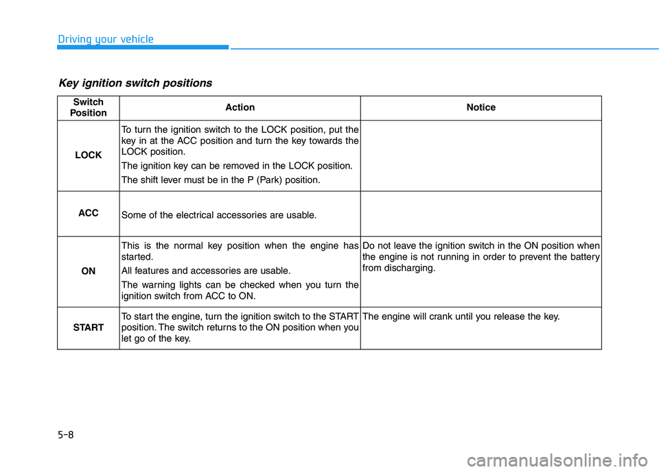 HYUNDAI PALISADE 2021  Owners Manual 5-8
Driving your vehicle
Key ignition switch positions 
Switch
PositionActionNotice
LOCK
To turn the ignition switch to the LOCK position, put the
key in at the ACC position and turn the key towards t