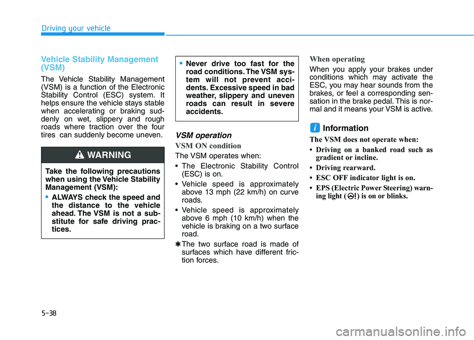 HYUNDAI PALISADE 2021  Owners Manual 5-38
Driving your vehicle
Vehicle Stability Management
(VSM)
The Vehicle Stability Management
(VSM) is a function of the Electronic
Stability Control (ESC) system. It
helps ensure the vehicle stays st