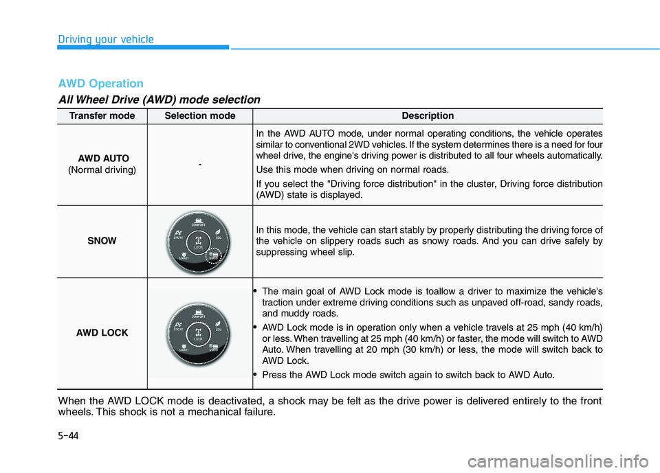 HYUNDAI PALISADE 2021 Owners Manual 5-44
Driving your vehicle
Transfer modeSelection modeDescription
AWD AUTO
(Normal driving)-
In the AWD AUTO mode, under normal operating conditions, the vehicle operates
similar to conventional 2WD ve HYUNDAI PALISADE 2021 Owners Manual 5-44
Driving your vehicle
Transfer modeSelection modeDescription
AWD AUTO
(Normal driving)-
In the AWD AUTO mode, under normal operating conditions, the vehicle operates
similar to conventional 2WD ve