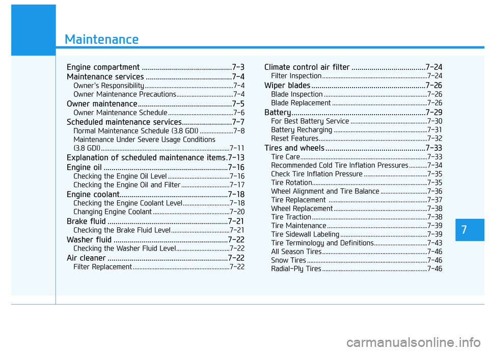 HYUNDAI PALISADE 2021  Owners Manual 7
Maintenance
7
Maintenance
Engine compartment .............................................7-3
Maintenance services ...........................................7-4
Owner's Responsibility .........