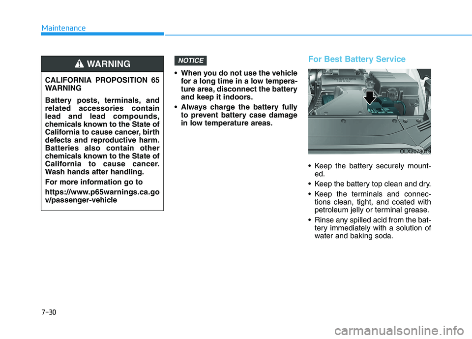 HYUNDAI PALISADE 2021  Owners Manual  When you do not use the vehicle
for a long time in a low tempera-
ture area, disconnect the battery
and keep it indoors.
 Always charge the battery fully
to prevent battery case damage
in low tempera