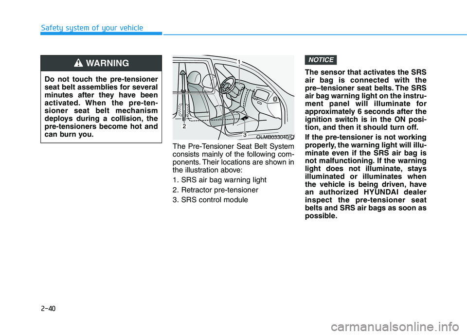 HYUNDAI PALISADE 2021  Owners Manual 2-40
Safety system of your vehicle
The Pre-Tensioner Seat Belt System
consists mainly of the following com-
ponents. Their locations are shown in
the illustration above:
1. SRS air bag warning light
2