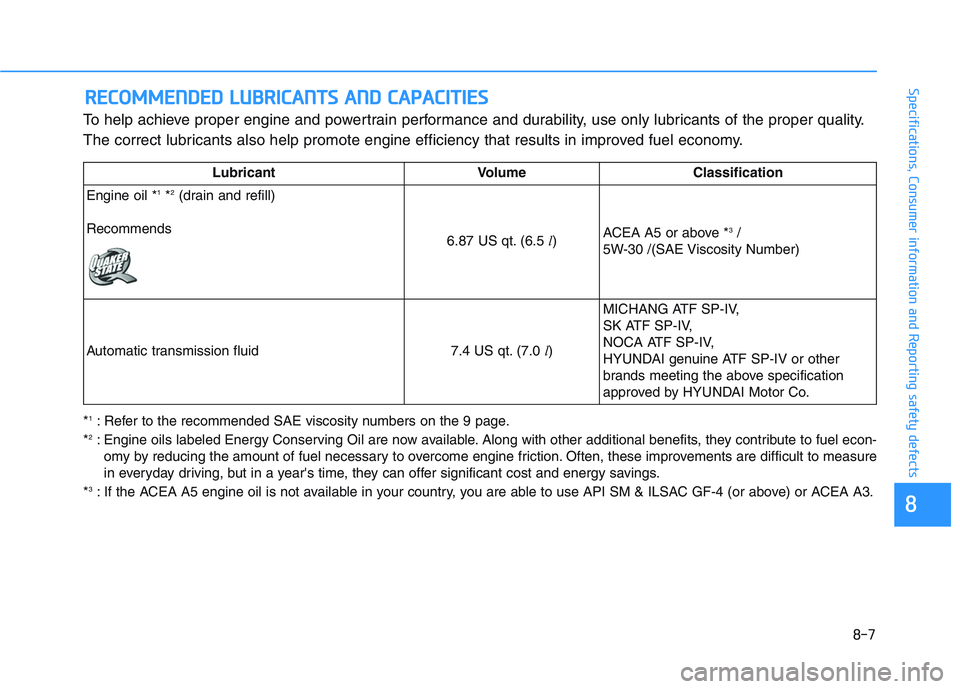 HYUNDAI PALISADE 2021  Owners Manual 8-7
88
Specifications, Consumer information and Reporting safety defects
To help achieve proper engine and powertrain performance and durability, use only lubricants of the proper quality.
The correct