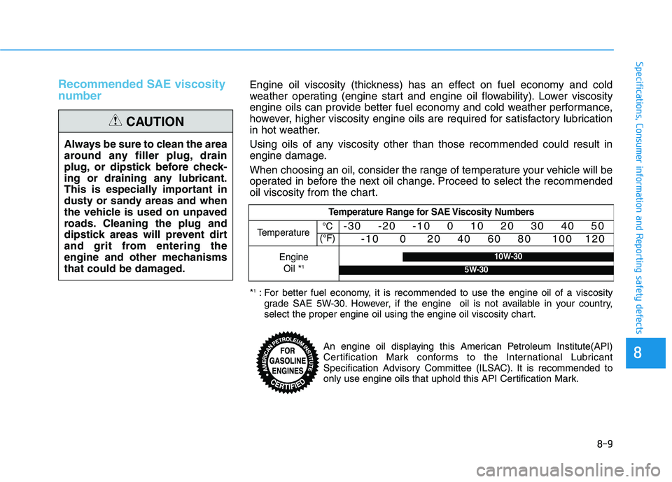 HYUNDAI PALISADE 2021  Owners Manual 8-9
88
Specifications, Consumer information and Reporting safety defects
Recommended SAE viscosity
number 
Always be sure to clean the area
around any filler plug, drain
plug, or dipstick before check