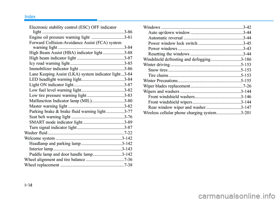 HYUNDAI PALISADE 2021 Owners Manual I-14
Electronic stability control (ESC) OFF indicator
light .........................................................................3-86
Engine oil pressure warning light .......................... HYUNDAI PALISADE 2021 Owners Manual I-14
Electronic stability control (ESC) OFF indicator
light .........................................................................3-86
Engine oil pressure warning light ..........................