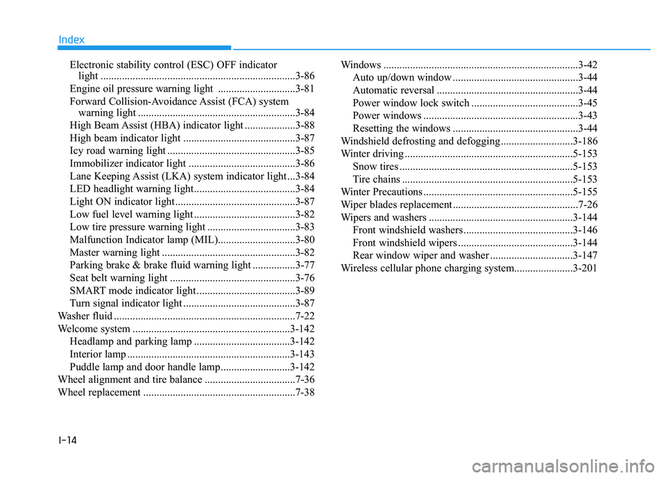 HYUNDAI PALISADE 2021  Owners Manual I-14
Electronic stability control (ESC) OFF indicator 
light .........................................................................3-86
Engine oil pressure warning light  ..........................