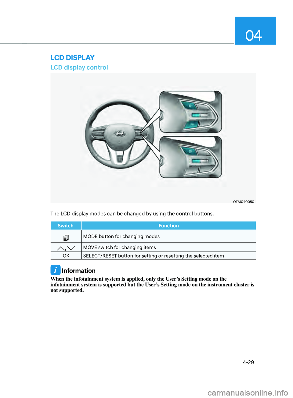 HYUNDAI SANTA FE 2021 Owners Manual 04
4-29
LCD display control
OTM040050
The LCD display modes can be changed by using the control buttons.
SwitchFunction
MODE button for changing modes
, MOVE switch for changing items
OK SELECT/RESET HYUNDAI SANTA FE 2021 Owners Manual 04
4-29
LCD display control
OTM040050
The LCD display modes can be changed by using the control buttons.
SwitchFunction
MODE button for changing modes
, MOVE switch for changing items
OK SELECT/RESET