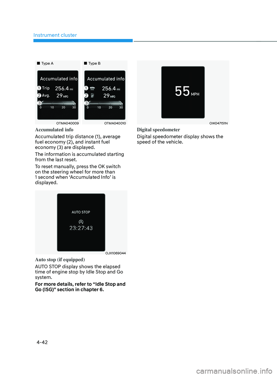 HYUNDAI SANTA FE 2021  Owners Manual Instrument cluster
4-42
„„Type A„„Type B
OTMA040009OTMA040010
Accumulated info
Accumulated trip distance (1), average 
fuel economy (2), and instant fuel 
economy (3) are displayed