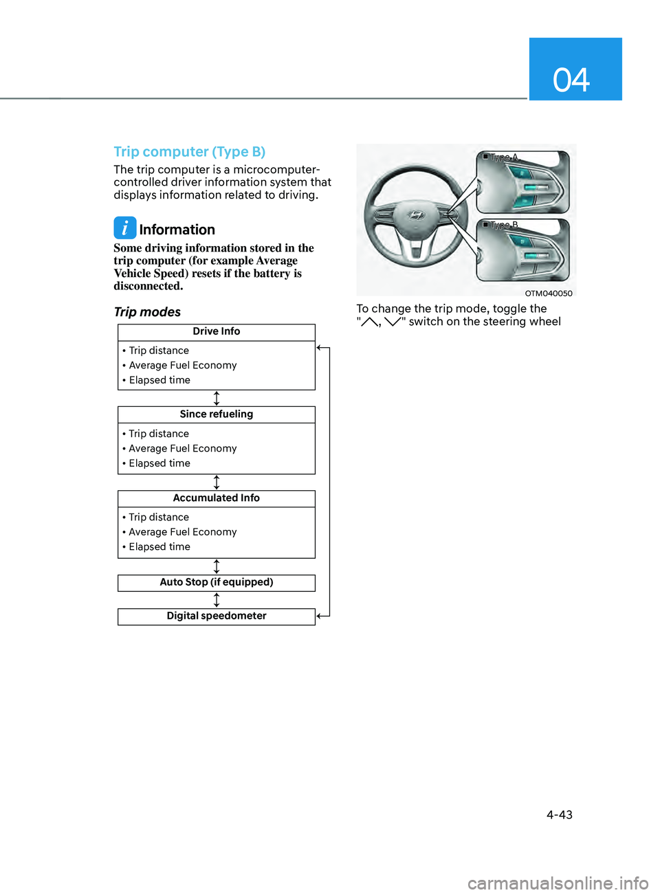 HYUNDAI SANTA FE 2021  Owners Manual 04
4-43
Trip computer (Type B)
The trip computer is a microcomputer-
controlled driver information system that 
displays information related to driving.
 Information
Some driving information stored in