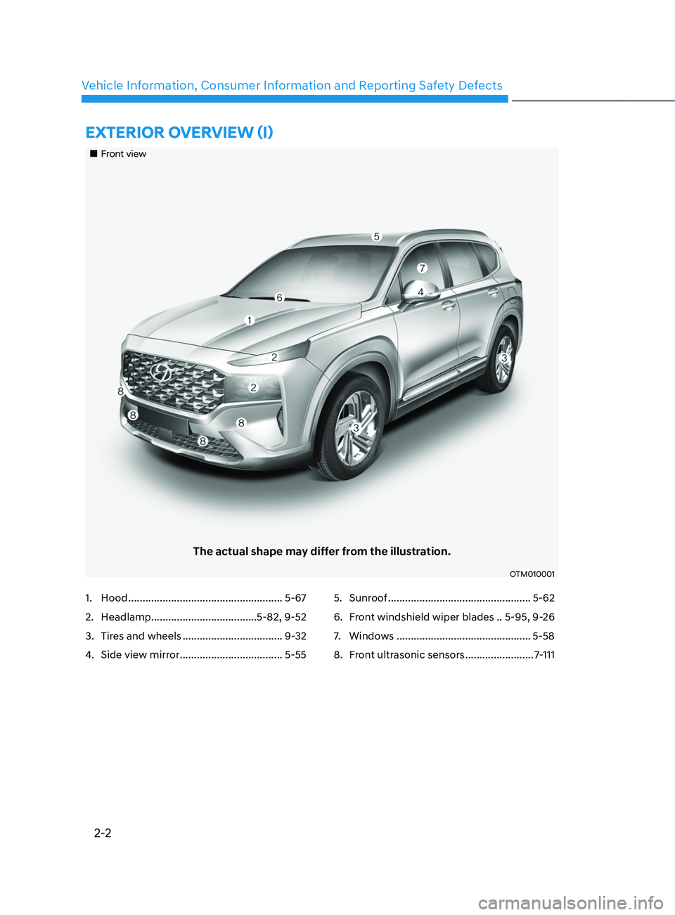 HYUNDAI SANTA FE 2021  Owners Manual 2-2
Vehicle Information, Consumer Information and Reporting Safety Defects
ExTERIOR OVERVIEW (I)
„„Front view
The actual shape may differ from the illustration.
OTM010001
1. Hood ...........