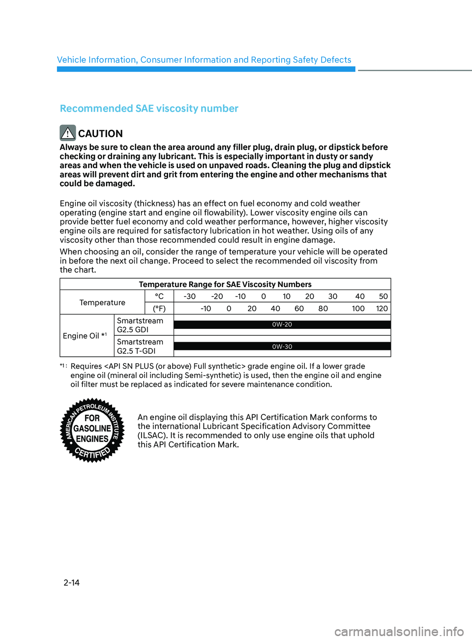 HYUNDAI SANTA FE 2021  Owners Manual Vehicle Information, Consumer Information and Reporting Safety Defects
2-14
Recommended SAE viscosity number
 CAUTION
Always be sure to clean the area around any filler plug, drain plug, or dipstick b