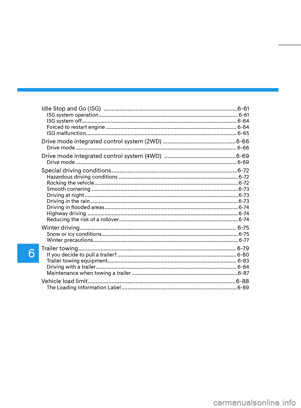 HYUNDAI SANTA FE 2021  Owners Manual Idle Stop and Go (ISG)  ........................................................................\
............6-61ISG system operation .................................................................