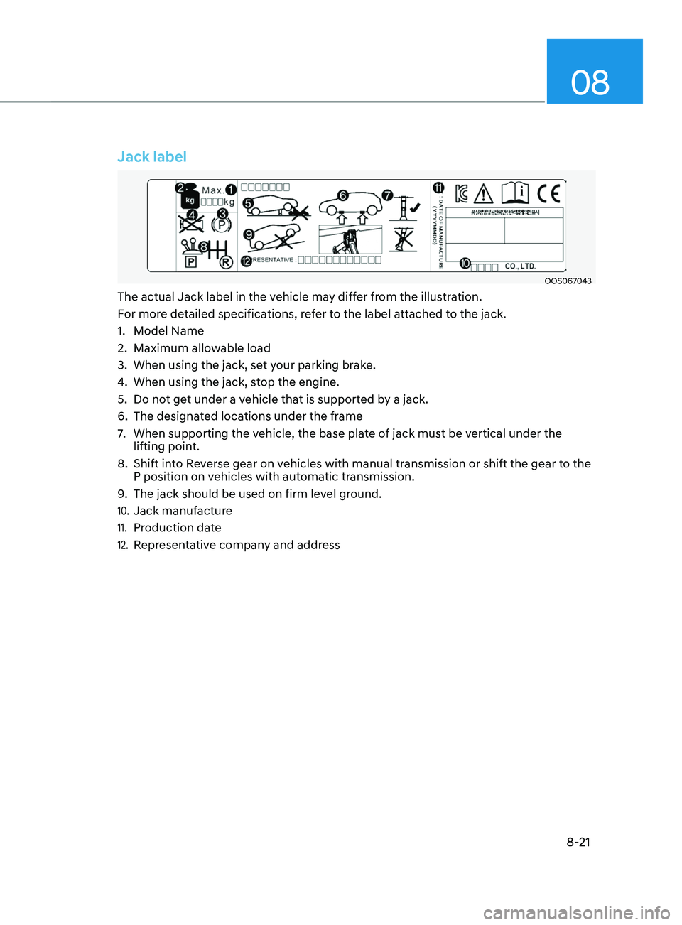 HYUNDAI SANTA FE 2021  Owners Manual 08
8-21
Jack label
OOS067043
The actual Jack label in the vehicle may differ from the illustration.
For more detailed specifications, refer to the label attached to the jack.
1.
 Model Name
2.
 Maximu