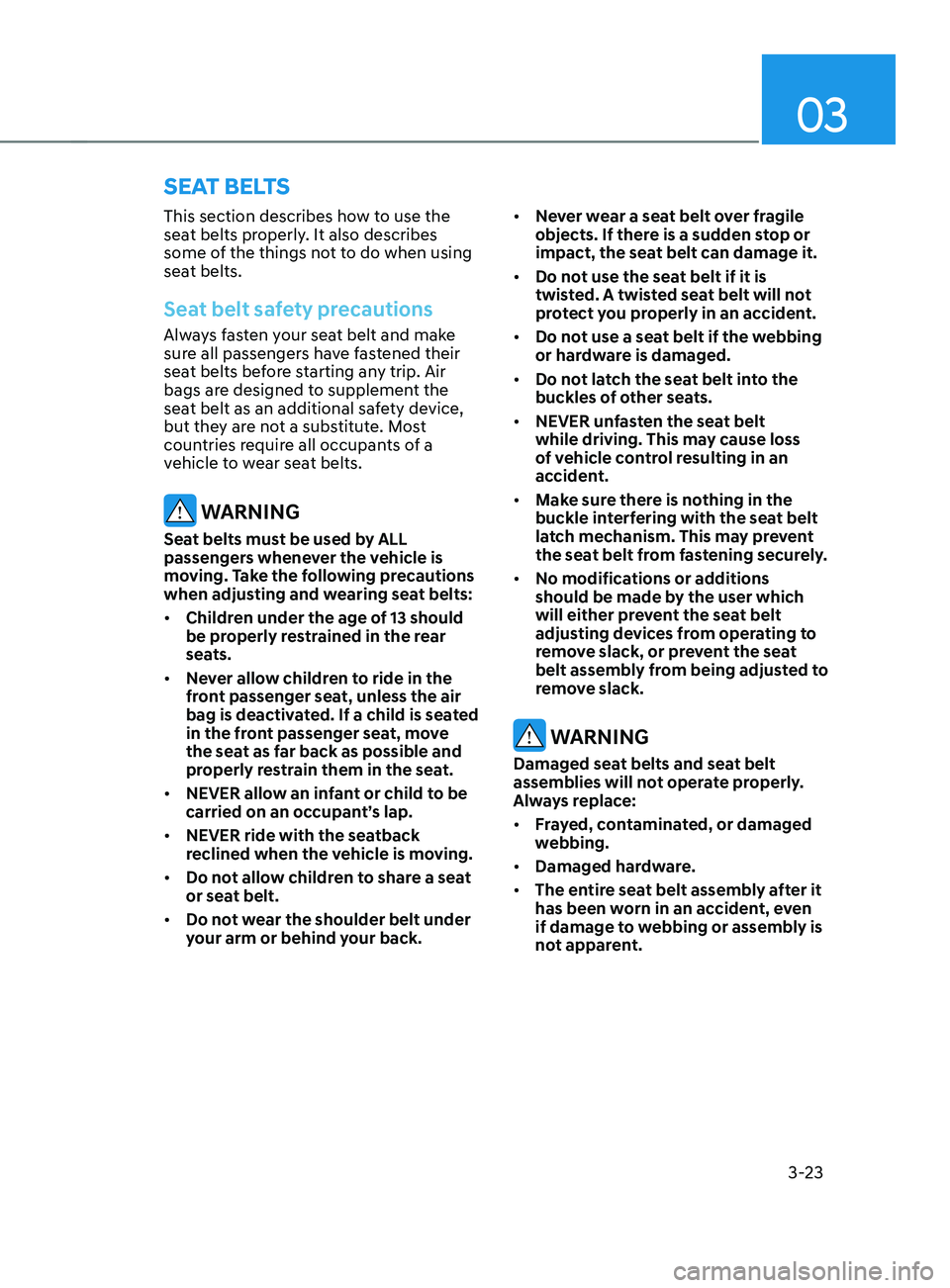 HYUNDAI SANTA FE 2021 Workshop Manual 03
3-23
SEAT BELTS
This section describes how to use the 
seat belts properly. It also describes 
some of the things not to do when using 
seat belts.
Seat belt safety precautions
Always fasten your s