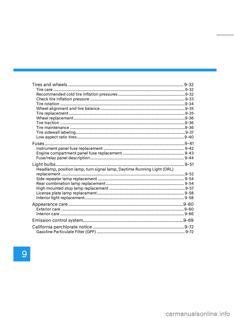 HYUNDAI SANTA FE 2021  Owners Manual Tires and wheels ........................................................................\
.....................9-32Tire care ........................................................................\
