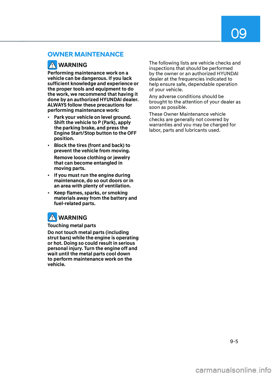 HYUNDAI SANTA FE 2021  Owners Manual 09
9-5
 WARNING
Performing maintenance work on a 
vehicle can be dangerous. If you lack 
sufficient knowledge and experience or 
the proper tools and equipment to do 
the work, we recommend that havin