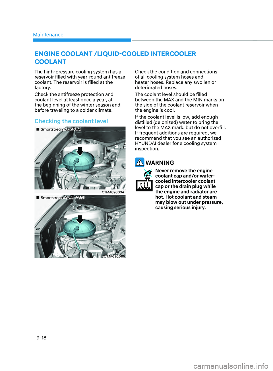 HYUNDAI SANTA FE 2021  Owners Manual Maintenance
9-18
EngInE COOLAnT /LIQUID-COOLED InTERCOOLER 
COOLANT
The high-pressure cooling system has a 
reservoir filled with year-round antifreeze 
coolant. The reservoir is filled at the 
factor
