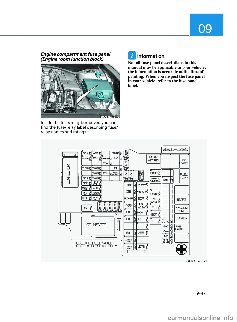 HYUNDAI SANTA FE 2021  Owners Manual 09
9-47
Engine compartment fuse panel 
(Engine room junction block)
OTMA090014
Inside the fuse/relay box cover, you can 
find the fuse/relay label describing fuse/
relay names and ratings.
 Informatio