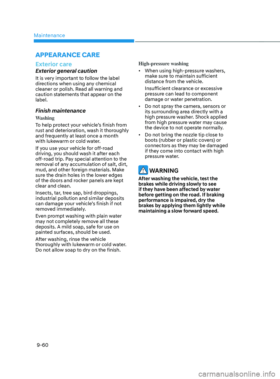 HYUNDAI SANTA FE 2021  Owners Manual Maintenance
9-60
Exterior care
Exterior general caution
It is very important to follow the label 
directions when using any chemical 
cleaner or polish. Read all warning and 
caution statements that a