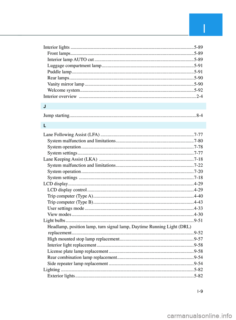 HYUNDAI SANTA FE 2021  Owners Manual I
I-9
Interior lights ........................................................................\
...............................5-89
 Front lamps .......................................................