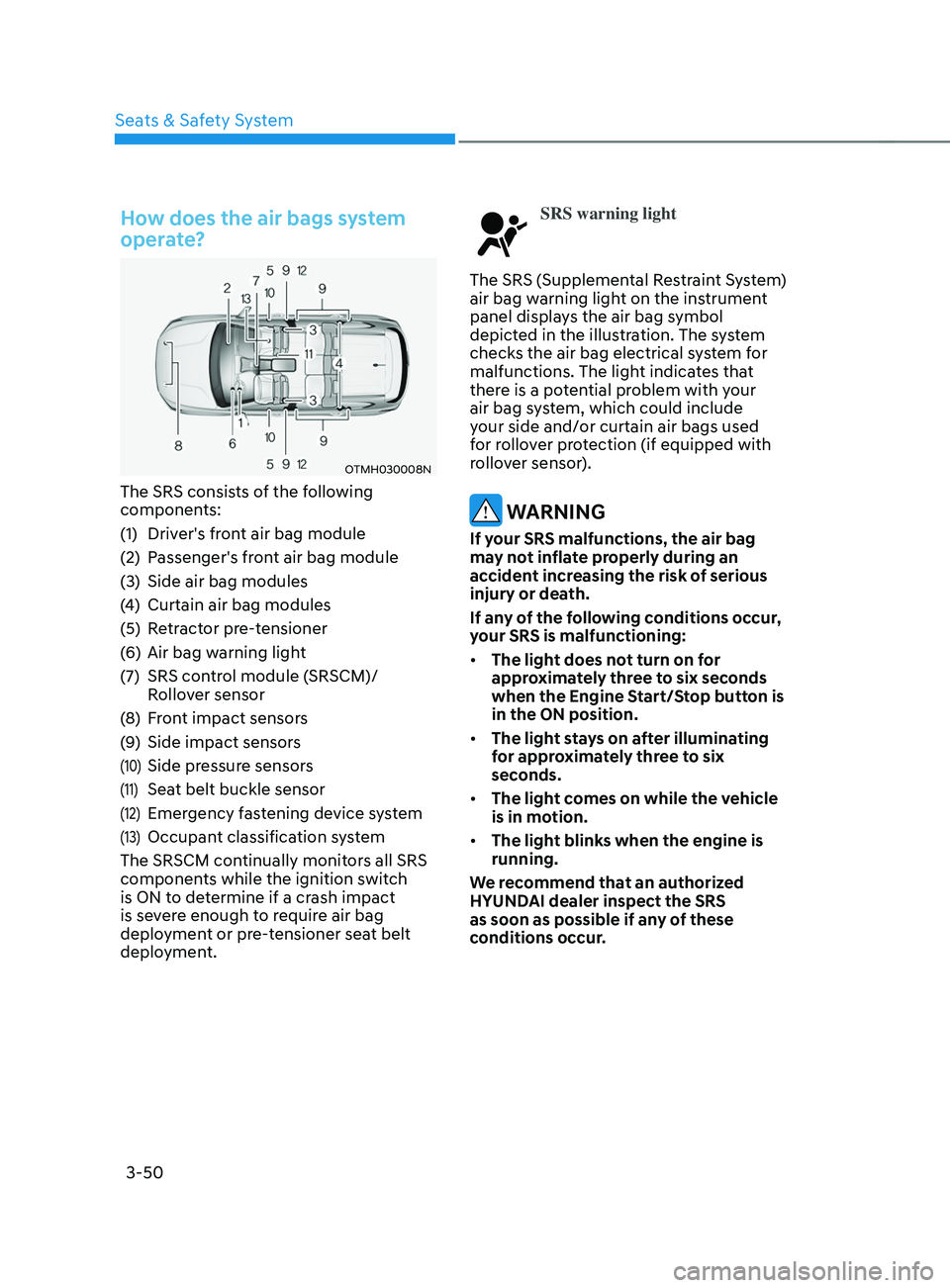 HYUNDAI SANTA FE 2021  Owners Manual Seats & Safety System
3-50
How does the air bags system 
operate?
OTMH030008N
The SRS consists of the following 
components:
(1)
 Driver's fr
ont air bag module
(2)
 Passenger's fr

ont air ba