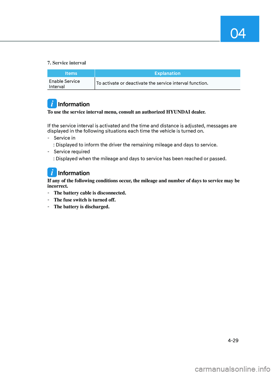 HYUNDAI SONATA 2021 Owners Manual 04
4-29
7. Service interval
ItemsExplanation
Enable Service
Interval To activate or deactivate the service interval function.
Information
To use the service interval menu, consult an authorized HYUN HYUNDAI SONATA 2021 Owners Manual 04
4-29
7. Service interval
ItemsExplanation
Enable Service
Interval To activate or deactivate the service interval function.
Information
To use the service interval menu, consult an authorized HYUN