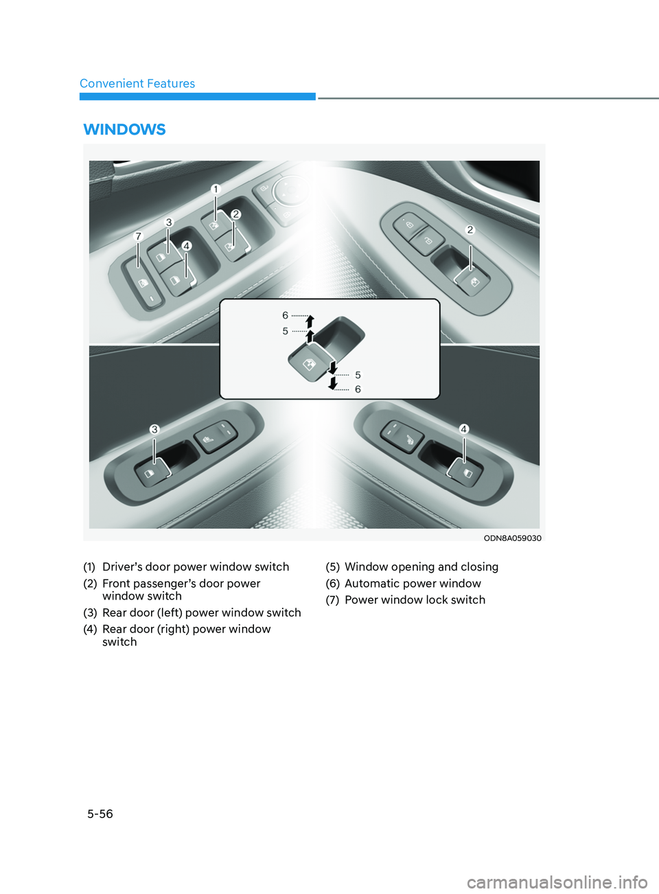 HYUNDAI SONATA 2021 Owners Manual 5-56
Convenient Features
(1) Driver’s door power window switch
(2)
F
ront passenger’s door power
window switch
(3)
R
ear door (left) power window switch
(4)
R
ear door (right) power window HYUNDAI SONATA 2021 Owners Manual 5-56
Convenient Features
(1) Driver’s door power window switch
(2)
F
ront passenger’s door power
window switch
(3)
R
ear door (left) power window switch
(4)
R
ear door (right) power window