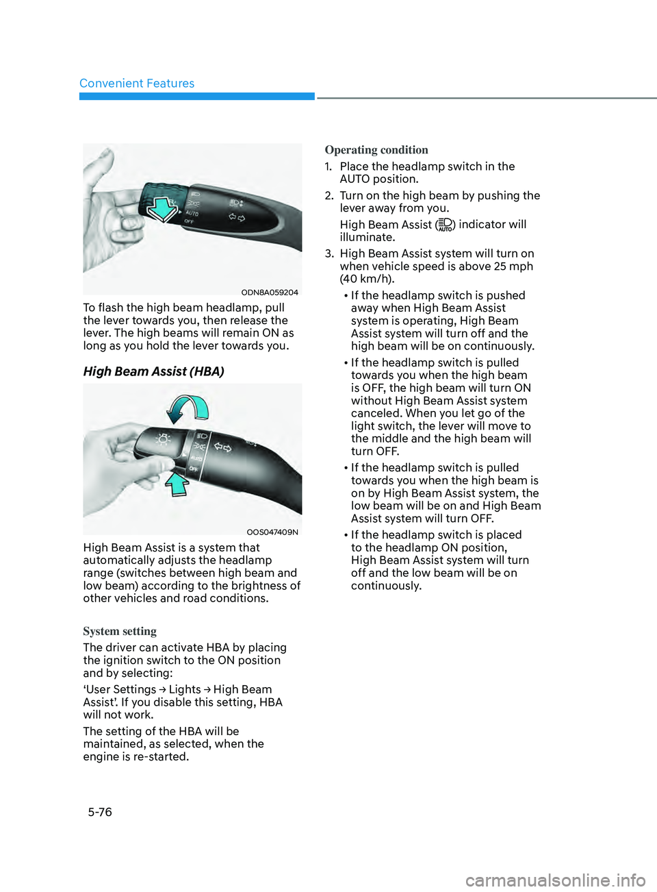 HYUNDAI SONATA 2021 Owners Manual Convenient Features
5 -76
ODN8A059204
To flash the high beam headlamp, pull
the lever towards you, then release the
lever. The high beams will remain ON as
long as you hold the lever towards you.
H HYUNDAI SONATA 2021 Owners Manual Convenient Features
5 -76
ODN8A059204
To flash the high beam headlamp, pull
the lever towards you, then release the
lever. The high beams will remain ON as
long as you hold the lever towards you.
H