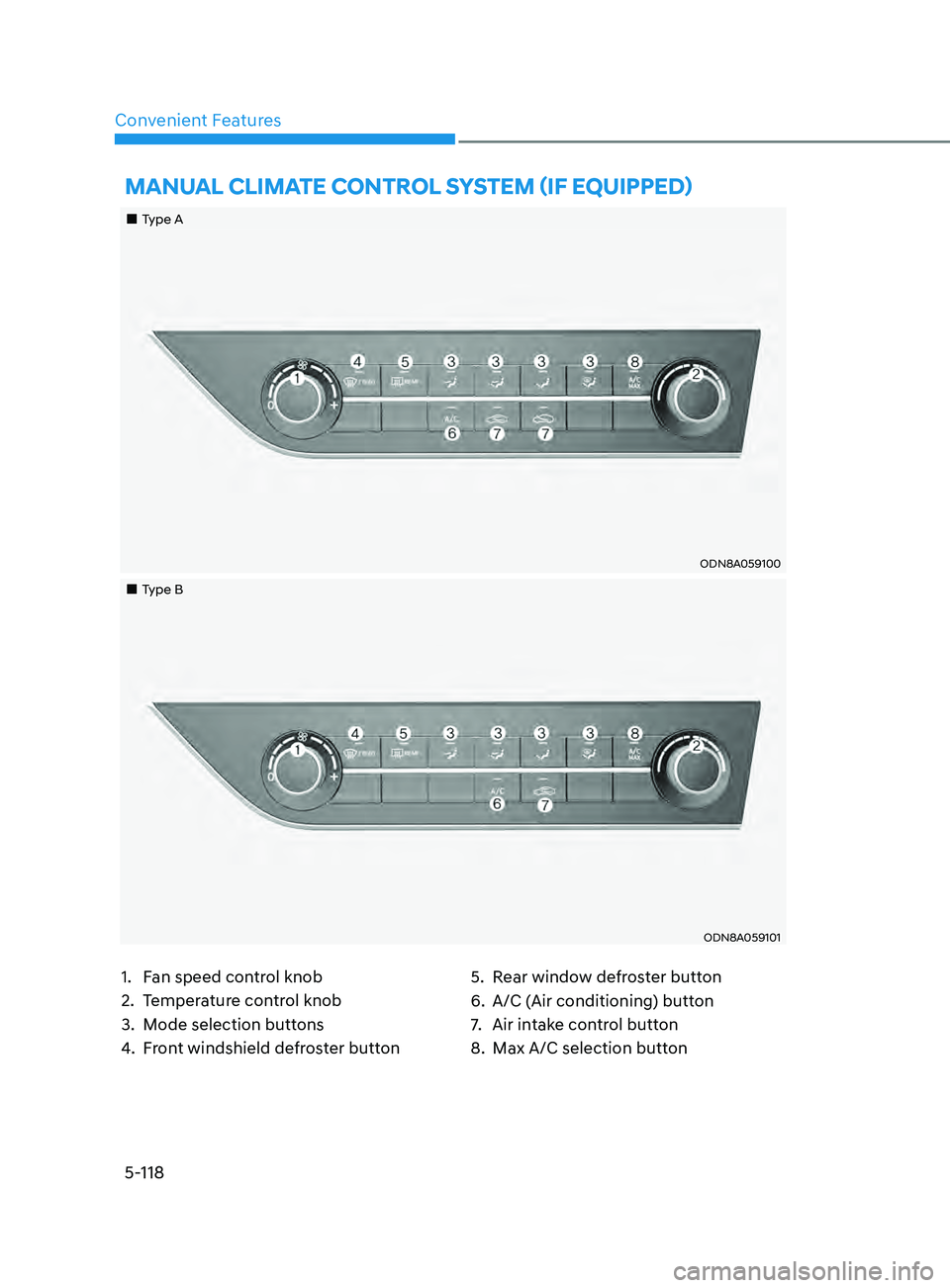 HYUNDAI SONATA 2021 Owners Manual 5-118
Convenient Features
1. Fan speed control knob
2.
T
emperature control knob
3.
M
ode selection buttons
4.
F
ront windshield defroster button 5.
R ear window defroster button
6.
A/C (
A HYUNDAI SONATA 2021 Owners Manual 5-118
Convenient Features
1. Fan speed control knob
2.
T
emperature control knob
3.
M
ode selection buttons
4.
F
ront windshield defroster button 5.
R ear window defroster button
6.
A/C (
A