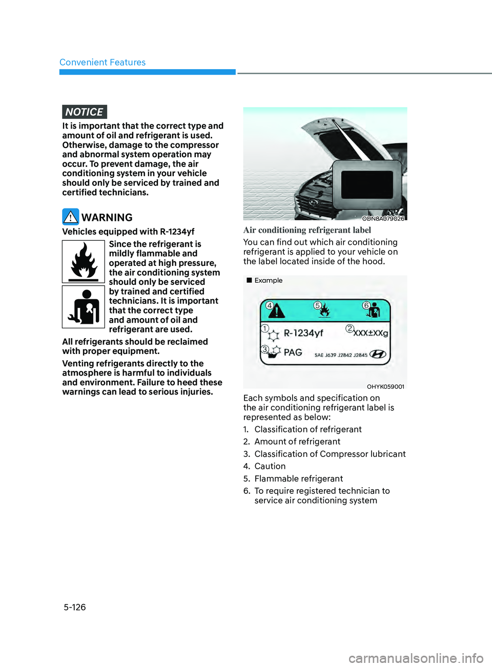 HYUNDAI SONATA 2021 Owners Manual Convenient Features
5-126
NOTICE
It is important that the correct type and
amount of oil and refrigerant is used.
Otherwise, damage to the compressor
and abnormal system operation may
occur. To pr HYUNDAI SONATA 2021 Owners Manual Convenient Features
5-126
NOTICE
It is important that the correct type and
amount of oil and refrigerant is used.
Otherwise, damage to the compressor
and abnormal system operation may
occur. To pr