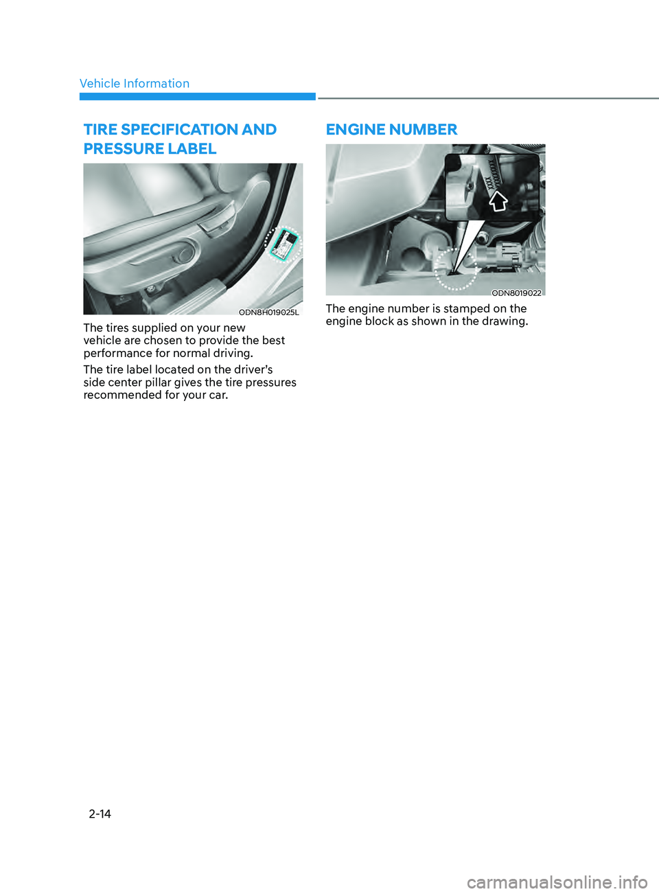 HYUNDAI SONATA 2021 Owners Manual Vehicle Information2-14
tirE sPECifiCa tion an D
Pr E ssur E l a BE l
ODN8H019025L
The tires supplied on your new
vehicle are chosen to provide the best
performance for normal driving.
The tire HYUNDAI SONATA 2021 Owners Manual Vehicle Information2-14
tirE sPECifiCa tion an D
Pr E ssur E l a BE l
ODN8H019025L
The tires supplied on your new
vehicle are chosen to provide the best
performance for normal driving.
The tire