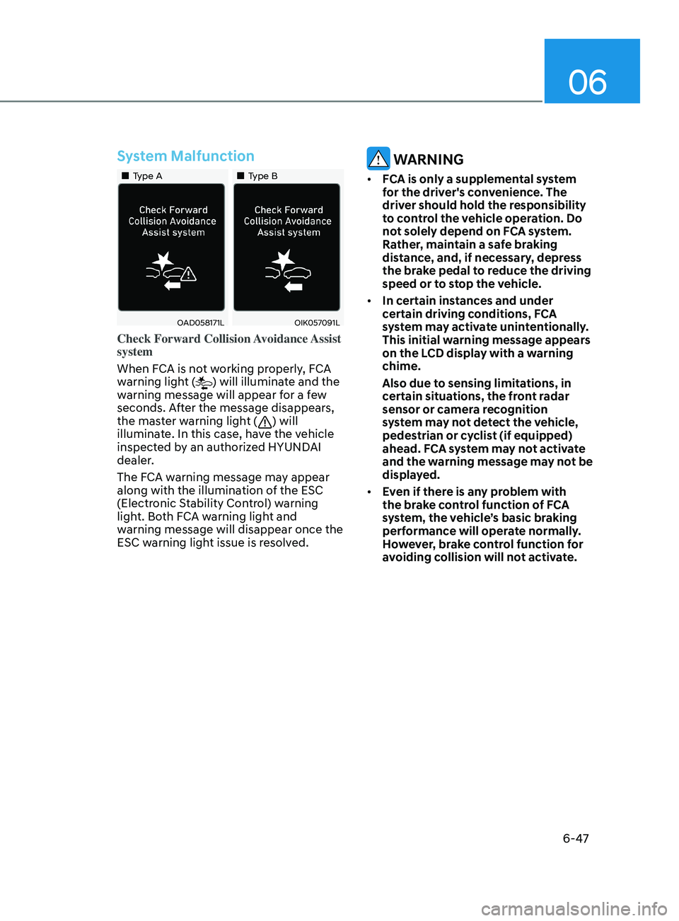 HYUNDAI SONATA 2021 Owners Manual 06
6-47
System Malfunction
•Type A•Type B
OAD058171LOIK057091L
Check Forward Collision Avoidance Assist
system
When FCA is not working properly, FCA
warning light (
) will illumina HYUNDAI SONATA 2021 Owners Manual 06
6-47
System Malfunction
•Type A•Type B
OAD058171LOIK057091L
Check Forward Collision Avoidance Assist
system
When FCA is not working properly, FCA
warning light (
) will illumina