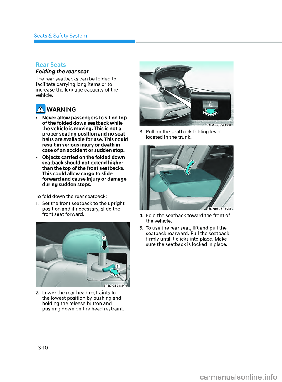 HYUNDAI SONATA 2021 Owners Guide 3-10
Rear Seats
Folding the rear seat
The rear seatbacks can be folded to
facilitate carrying long items or to
increase the luggage capacity of the
vehicle.
WARNING
• Never allow passengers to s HYUNDAI SONATA 2021 Owners Guide 3-10
Rear Seats
Folding the rear seat
The rear seatbacks can be folded to
facilitate carrying long items or to
increase the luggage capacity of the
vehicle.
WARNING
• Never allow passengers to s
