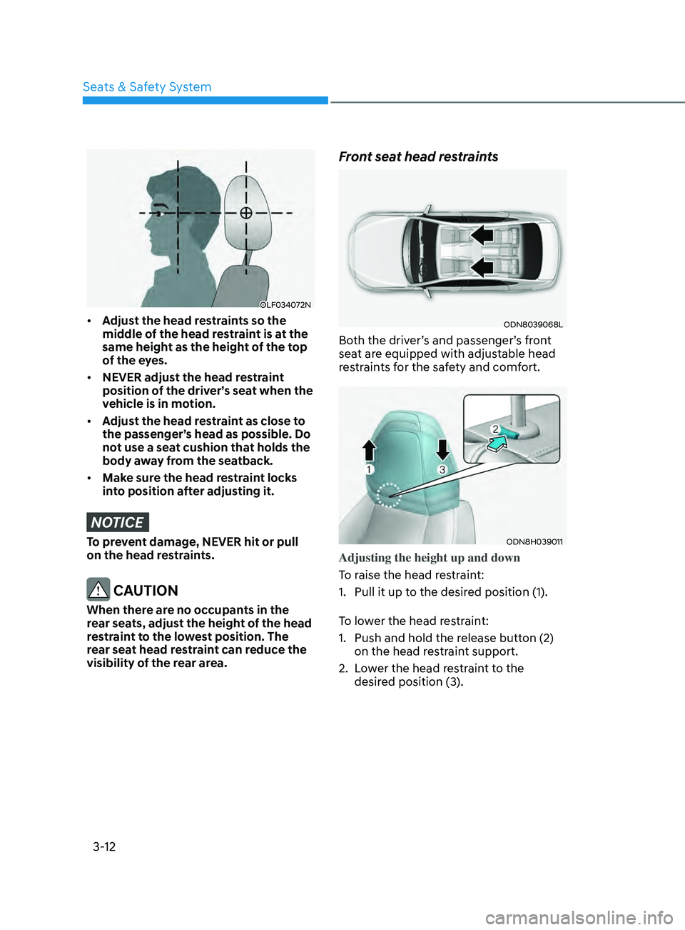 HYUNDAI SONATA 2021 Owners Guide 3-12
OLF034072N
• Adjust the head restraints so the
middle of the head restraint is at the
same height as the height of the top
of the eyes.
• NEVER adjust the head restraint
position of the HYUNDAI SONATA 2021 Owners Guide 3-12
OLF034072N
• Adjust the head restraints so the
middle of the head restraint is at the
same height as the height of the top
of the eyes.
• NEVER adjust the head restraint
position of the