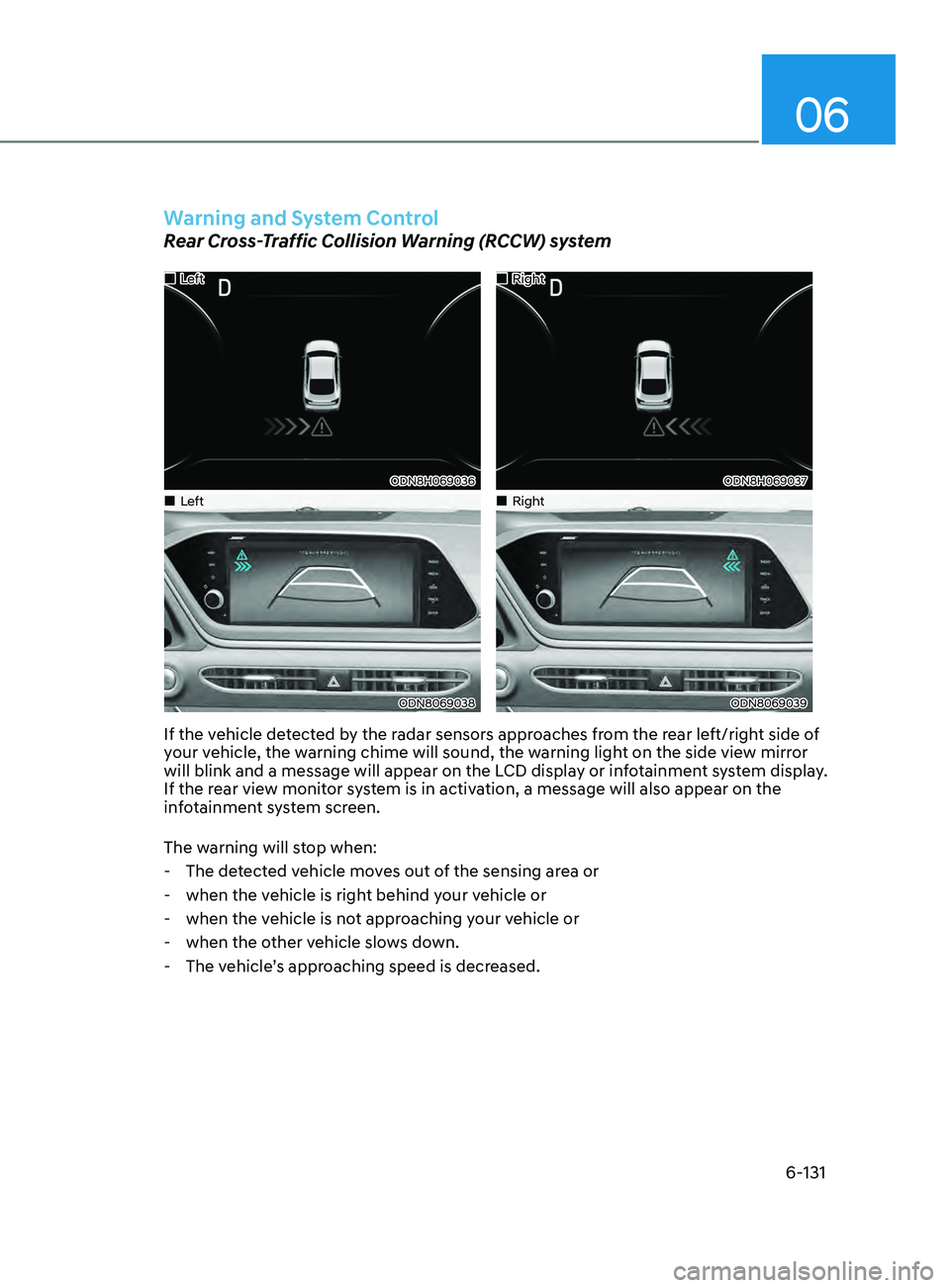 HYUNDAI SONATA 2021 Owners Manual 06
6-131
Warning and System Control
Rear Cross-Traffic Collision Warning (RCCW) system
•Left
ODN8H069036
•Right
ODN8H069037
•Left
ODN8069038
•Right
ODN8069039
If the ve HYUNDAI SONATA 2021 Owners Manual 06
6-131
Warning and System Control
Rear Cross-Traffic Collision Warning (RCCW) system
•Left
ODN8H069036
•Right
ODN8H069037
•Left
ODN8069038
•Right
ODN8069039
If the ve