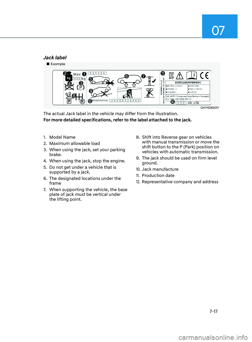 HYUNDAI SONATA 2021 Owners Manual 07
7-17
Jack label
Example
OHYK065011
The actual Jack label in the vehicle may differ from the illustration.
For more detailed specifications, refer to the label attached to the jack.
1.
HYUNDAI SONATA 2021 Owners Manual 07
7-17
Jack label
Example
OHYK065011
The actual Jack label in the vehicle may differ from the illustration.
For more detailed specifications, refer to the label attached to the jack.
1.