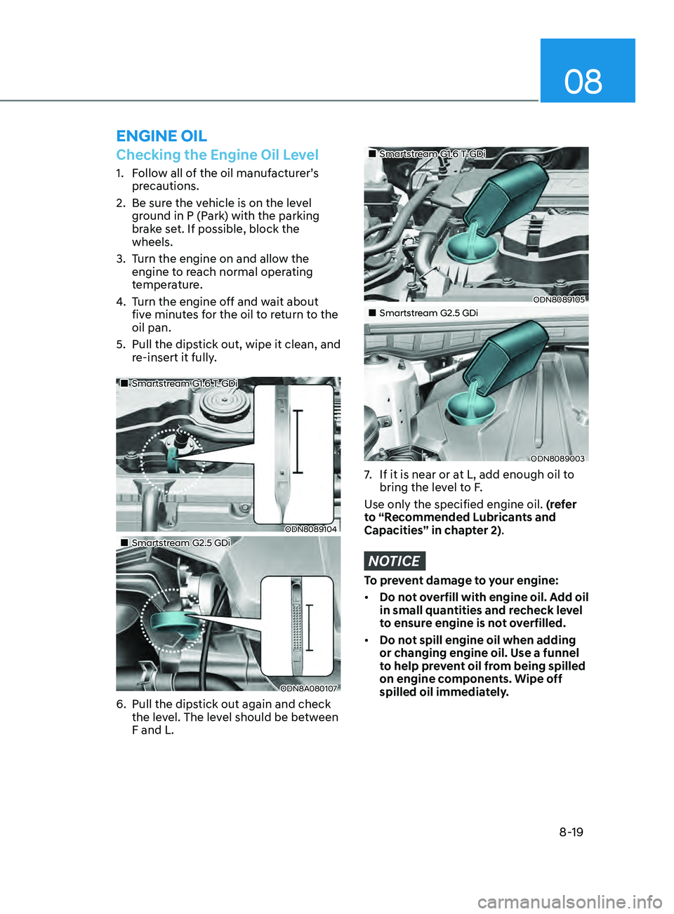 HYUNDAI SONATA 2021  Owners Manual 08
8-19
Checking the Engine Oil Level
1. Follow all of the oil manufacturer’s precautions.
2.
 
Be sur
 e the vehicle is on the level 
ground in P (Park) with the parking 
brake set. If possible, bl