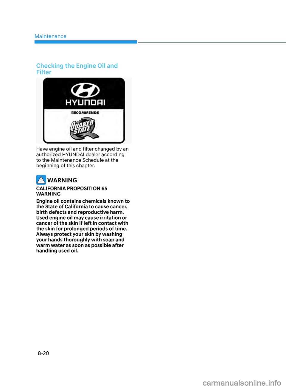 HYUNDAI SONATA 2021  Owners Manual Maintenance
8-20
Checking the Engine Oil and 
Filter
Have engine oil and filter changed by an 
authorized HYUNDAI dealer according 
to the Maintenance Schedule at the 
beginning of this chapter.
 WARN