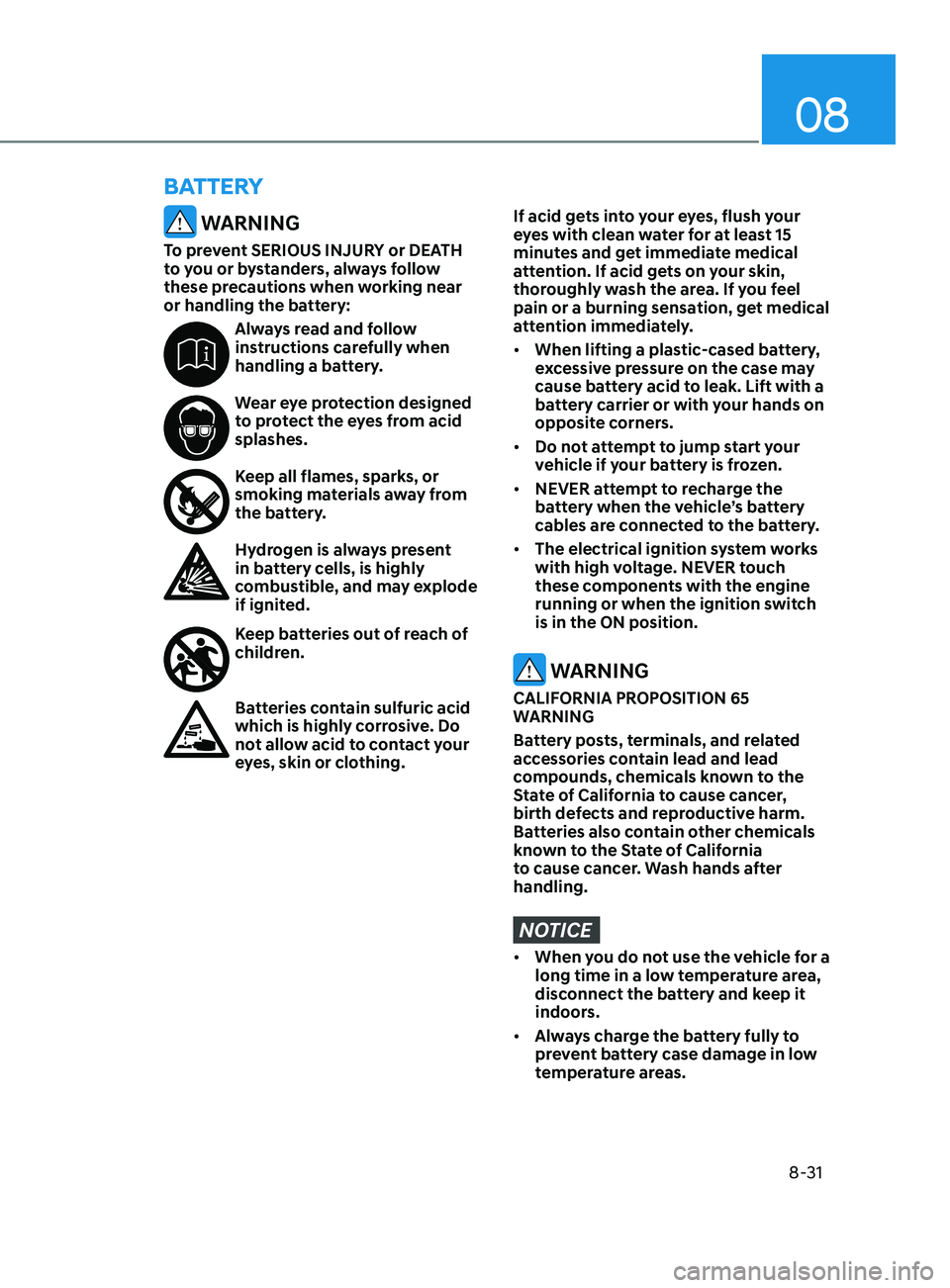 HYUNDAI SONATA 2021 Owners Manual 08
8-31
WARNING
To prevent SERIOUS INJURY or DEATH
to you or bystanders, always follow
these precautions when working near
or handling the battery:
Always read and follow
instructions carefully w HYUNDAI SONATA 2021 Owners Manual 08
8-31
WARNING
To prevent SERIOUS INJURY or DEATH
to you or bystanders, always follow
these precautions when working near
or handling the battery:
Always read and follow
instructions carefully w
