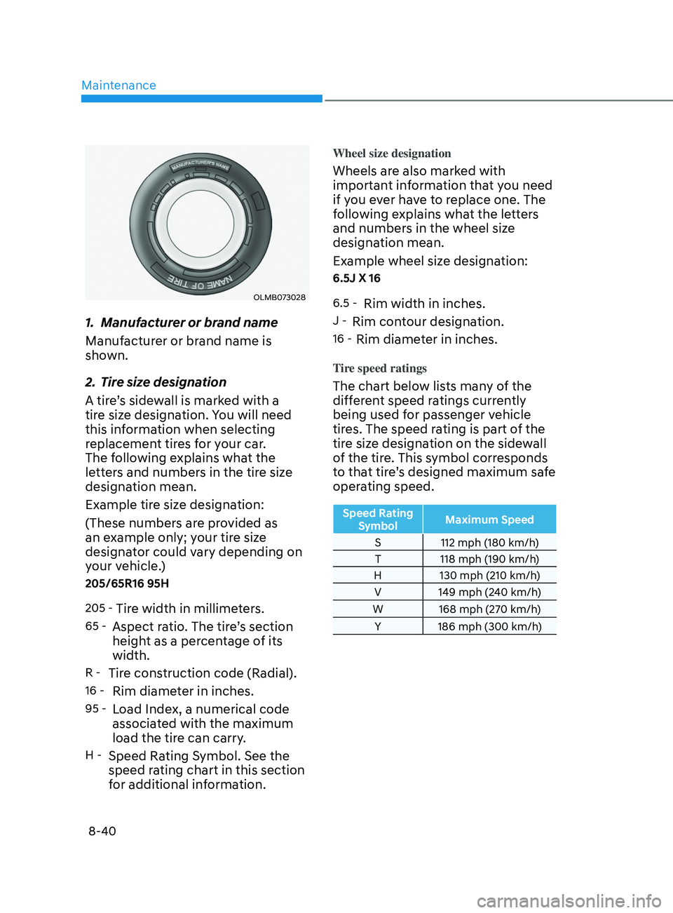 HYUNDAI SONATA 2021  Owners Manual Maintenance
8-40
OLMB073028
1. Manufacturer or brand name
Manufacturer or brand name is 
shown.
2. 
Tir
 e size designation
A tire’s sidewall is marked with a 
tire size designation. You will need 
